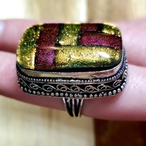 New Huge Dichroic Glass 925 Silver Ring.